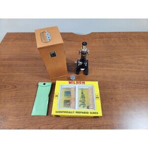 Vtg 1970's Perfect Mod. 802 Microscope ~ 5 Piece Dissecting Kit  24 Milben Slide
